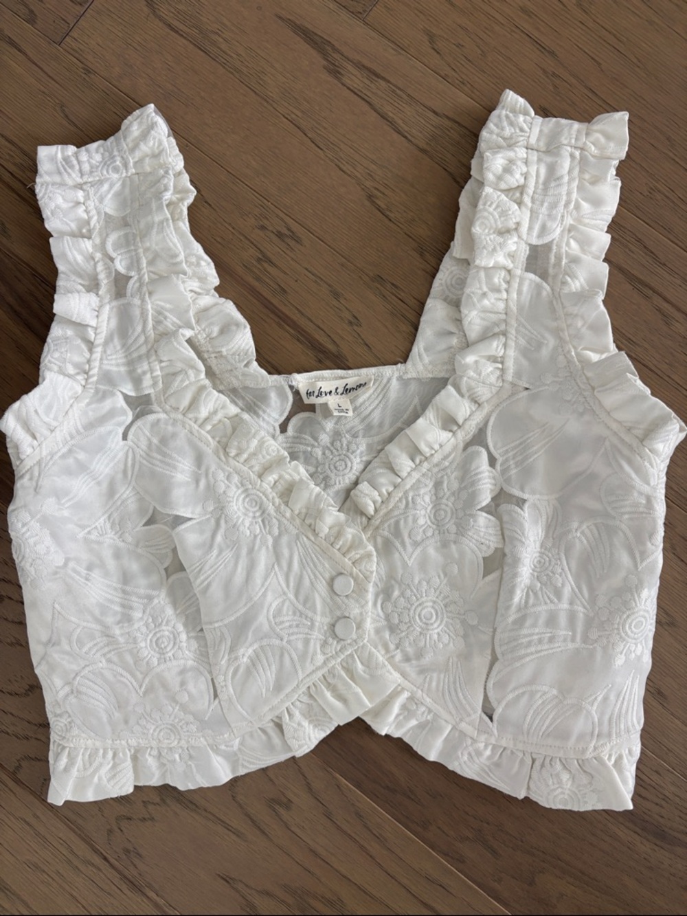For love & Lemons Cream Embroidered lace Ruffle Crop Top